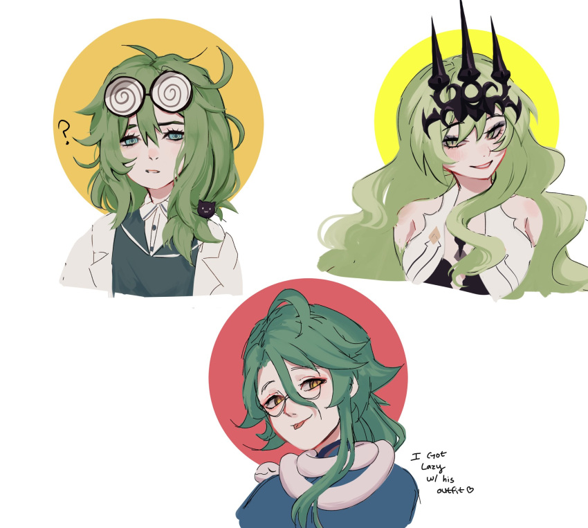 1boy, 2girls, ?, baizhu_(genshin_impact), benghuai_xueyuan, closed_mouth, coat, company_connection