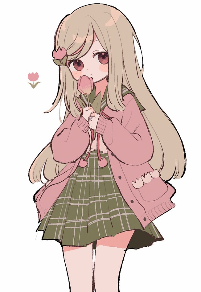 1girl, blonde_hair, blush_stickers, boyano, buttons, cardigan, cowboy_shot, dot_mouth