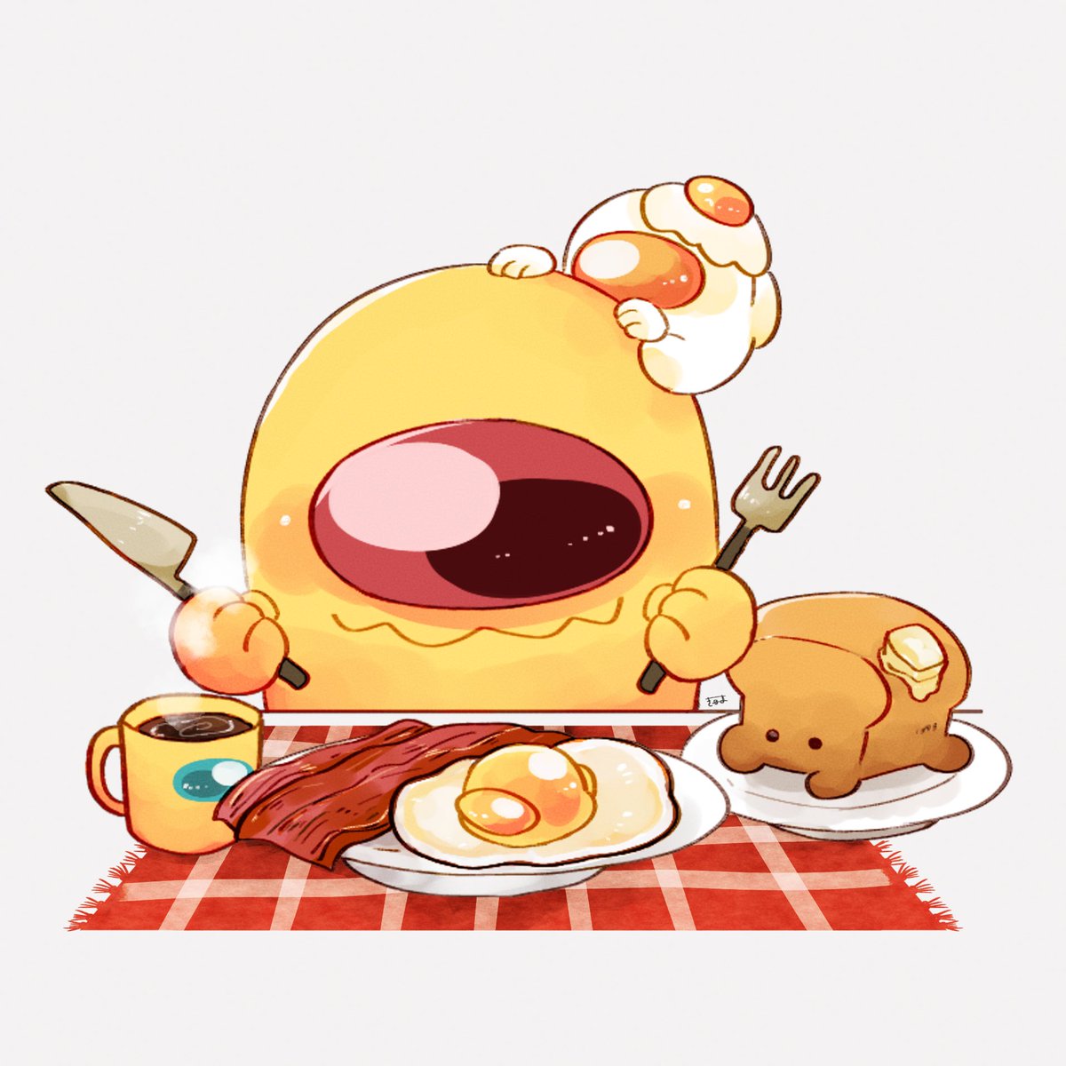 among_us, bacon, bread, breb_(among_us), butter, closed_mouth, coffee, coffee_mug, commentary, crewmate_(among_us), cup, egg_(food), food, food_on_head, fork, fried_egg, highres, holding, holding_fork, holding_knife, impostor_(among_us), kitchen_knife, knife, mini_crewmate_(among_us), mug, object_on_head, on_head, placemat, plate, signature, simple_background, smile, steam, symbol-only_commentary, tenmiyakiyo, white_(among_us), white_background, yellow_(among_us)