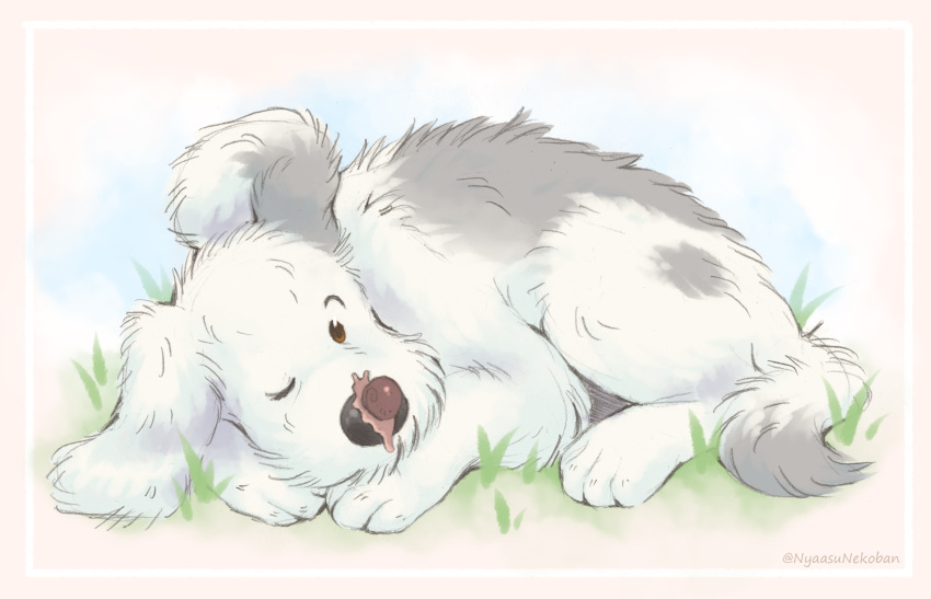 2others, animal_focus, brown_eyes, dog, grass, highres, king_(mother_2), lying, mother_(game), mother_2, multiple_others, no_humans, nyaasu_nekoban, one_eye_closed, signature, size_difference, snail, twitter_username, white_fur