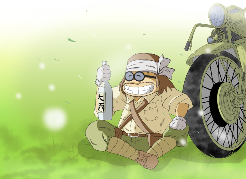 1970s_(style), 1boy, alcohol, bandana, belt, boots, bottle, brown_hair