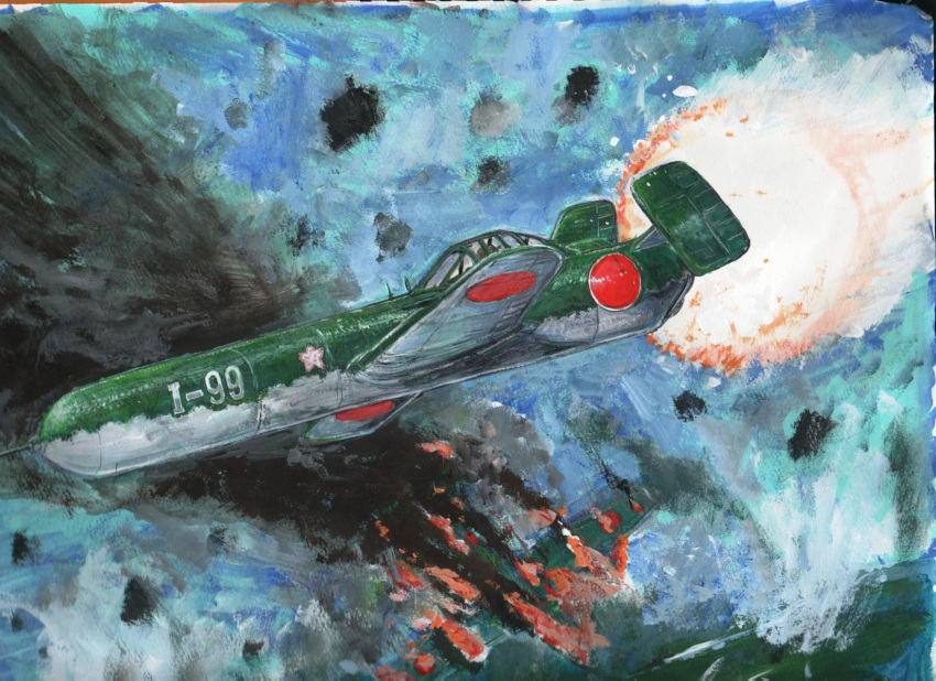 aircraft, airplane, anago-san, battle, bomber, burning, damaged, explosion