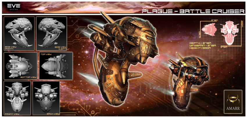 3d, amarr_empire_(eve_online), battlecruiser_(eve_online), brown_theme, chermilla, commentary, concept_art, copyright_name, english_text, eve_online, flying, from_above, from_behind, from_below, from_side, highres, logo, military, military_vehicle, multiple_views, nebula, no_humans, original, outdoors, science_fiction, sky, space, spacecraft, star_(sky), starry_sky, thrusters, vehicle_focus