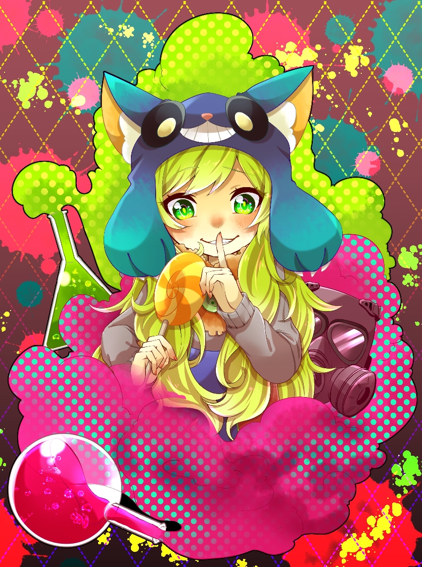 1girl, animal_hat, candy, cat_hat, finger_to_mouth, flask, food, gas_mask