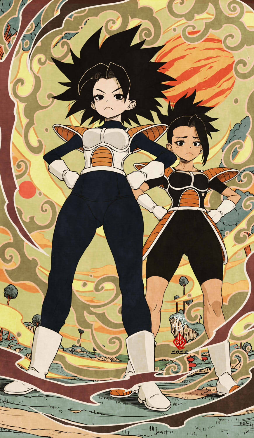 2girls, asymmetrical_bangs, black_bodysuit, black_eyes, black_hair, bodysuit, boots, caulifla