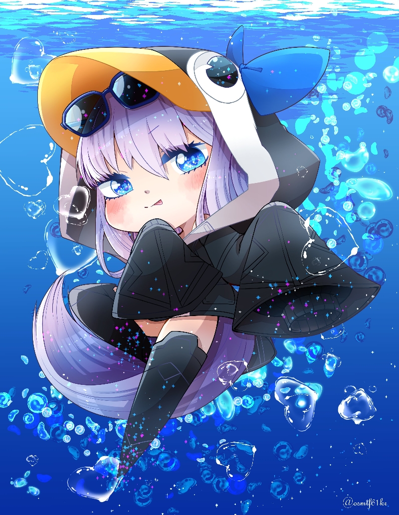 :p, air_bubble, animal_hood, blue_bow, blue_eyes, blush, bow, bubble
