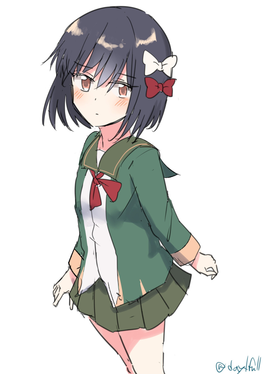 1girl, absurdres, black_hair, brown_eyes, cowboy_shot, green_jacket, green_sailor_collar, green_skirt