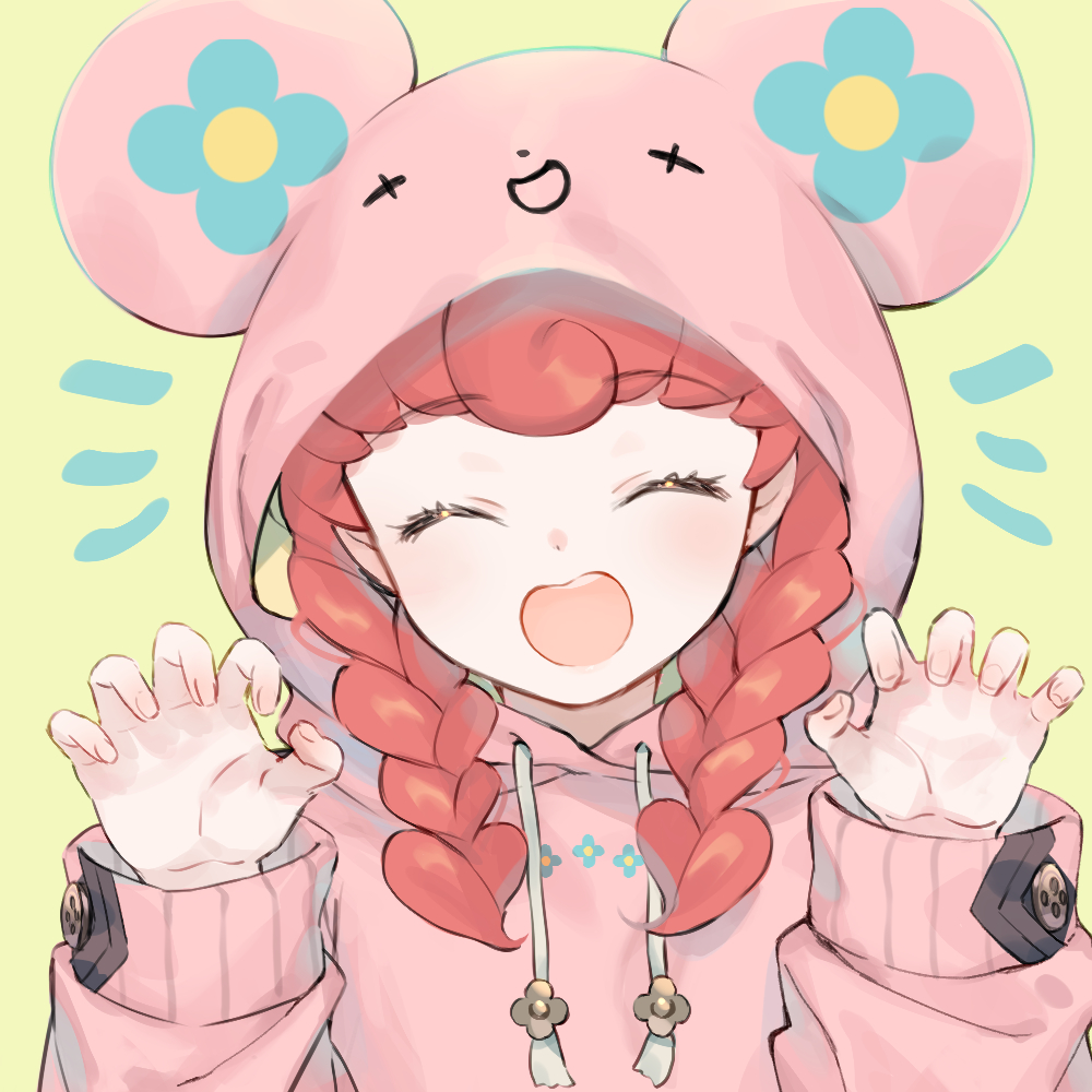 1girl, :d, ace_attorney, alternate_costume, alternate_hairstyle, animal_ears, animal_hood, blush, braid, closed_eyes, facing_viewer, fake_animal_ears, hood, hood_up, hoodie, iris_wilson, long_hair, long_sleeves, mouse_hood, open_mouth, redhead, shinobiya_fsaka, simple_background, smile, solo, the_great_ace_attorney, twin_braids, upper_body