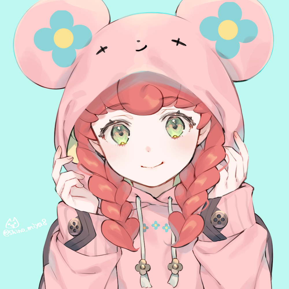 1girl, ace_attorney, alternate_costume, alternate_hairstyle, animal_ears, animal_hood, blue_background, blush