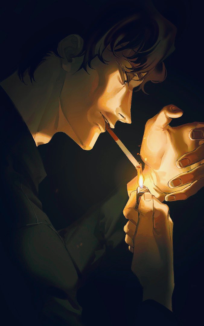 1boy, adam's_apple, black_hair, black_shirt, cigarette, fire, ha_jinsung, holding