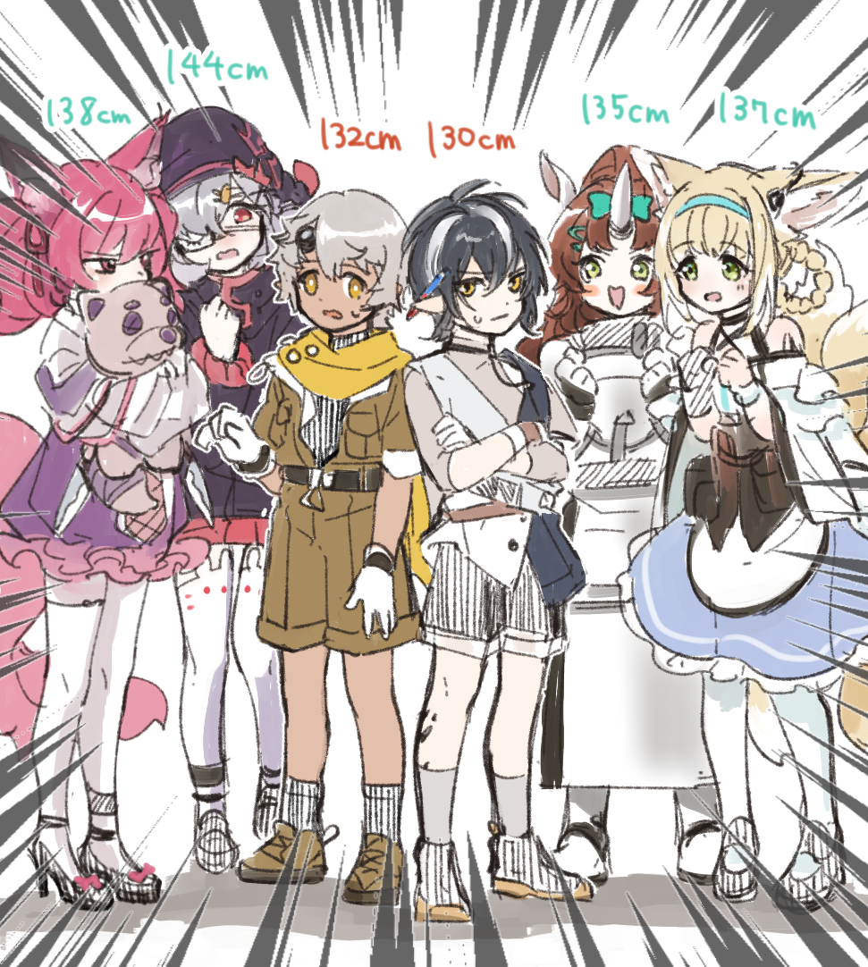 2boys, 4girls, animal_ear_fluff, animal_ears, arknights, boy_scout, bubble_(arknights), chestnut_(arknights), eyepatch, fox_ears, fox_girl, fox_tail, hairband, holding, holding_stuffed_toy, horns, medical_eyepatch, minimalist_(arknights), misago33695466, morte_(arknights), multiple_boys, multiple_girls, pencil_behind_ear, popukar_(arknights), rhinoceros_ears, rhinoceros_girl, shamare_(arknights), single_horn, stuffed_toy, suzuran_(arknights), tail