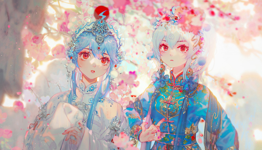 2girls, blue_hair, cherry_blossoms, chinese_clothes, earrings, gem, jewelry, long_hair, long_sleeves, looking_at_viewer, mian_lang, multiple_girls, orchid_fingers, original, peking_opera, red_eyes, red_gemstone, sleeves_past_fingers, sleeves_past_wrists, snake, upper_body, white_snake, wide_sleeves, yaopei