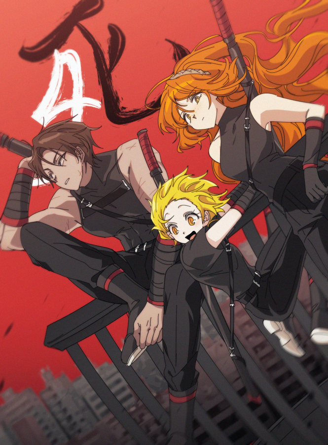 1boy, 2girls, bandaged_arm, bandages, bare_shoulders, bbunny, belt, black_belt