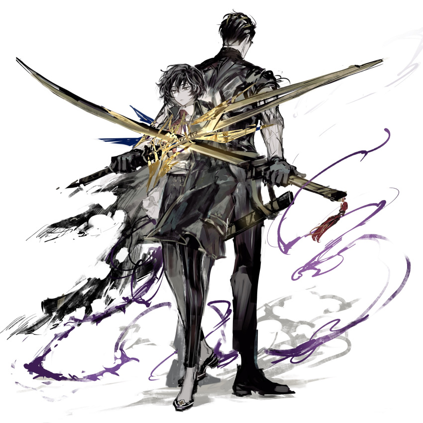 1boy, 1girl, back-to-back, black_coat, black_footwear, black_gloves, black_hair, black_pants