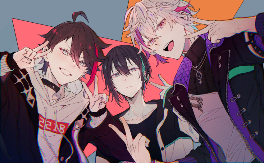 3boys, aqua_eyes, aqua_hair, black_hair, blue_background, brown_hair, closed_mouth, fuwa_minato