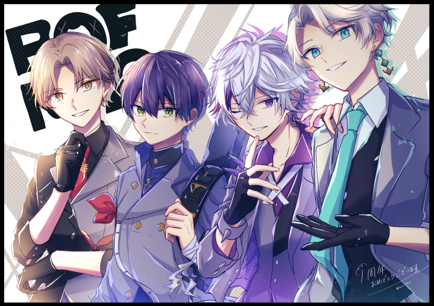2boys, absurdres, blue_eyes, brown_eyes, brown_hair, fuwa_minato, green_eyes, group_name, highres, kagami_hayato, kaida_haru, kenmochi_touya, long_sleeves, looking_at_viewer, male_focus, multiple_boys, nijisanji, noix123, one_eye_closed, pink_hair, purple_hair, rof-mao, smile, teeth, violet_eyes, white_hair