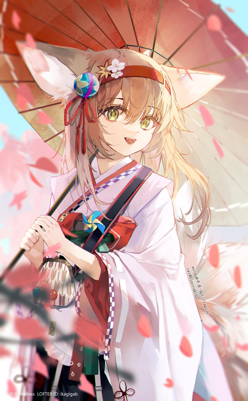 1girl, :d, absurdres, animal_ears, apron, arknights, blonde_hair, chinese_commentary