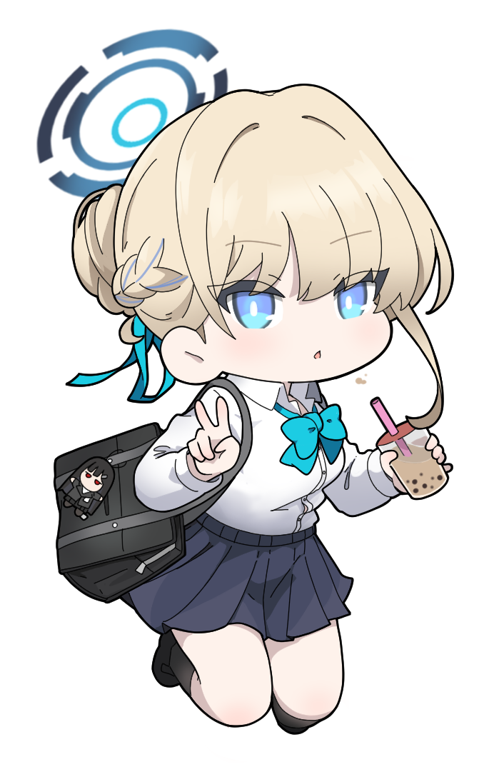 1girl, bag, bag_charm, black_footwear, black_socks, blonde_hair, blue_archive, blue_bow