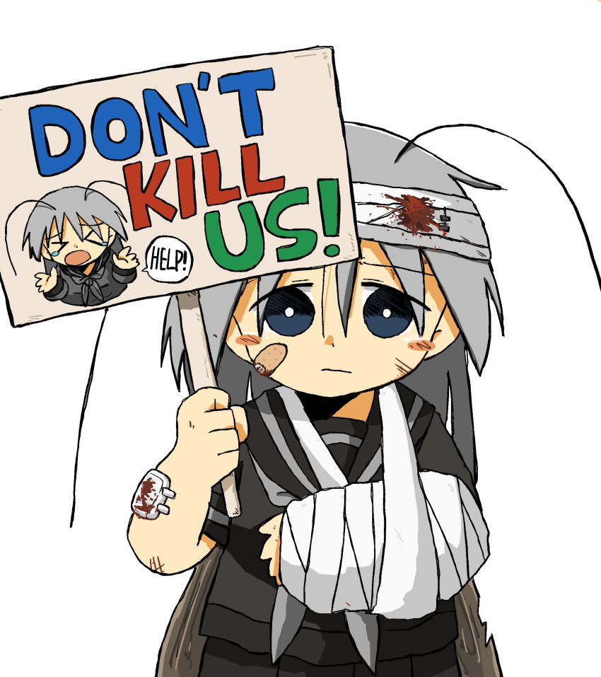>_<, 1girl, absurdres, antenna_hair, arthropod_girl, bandaged_arm, bandaged_head, bandages
