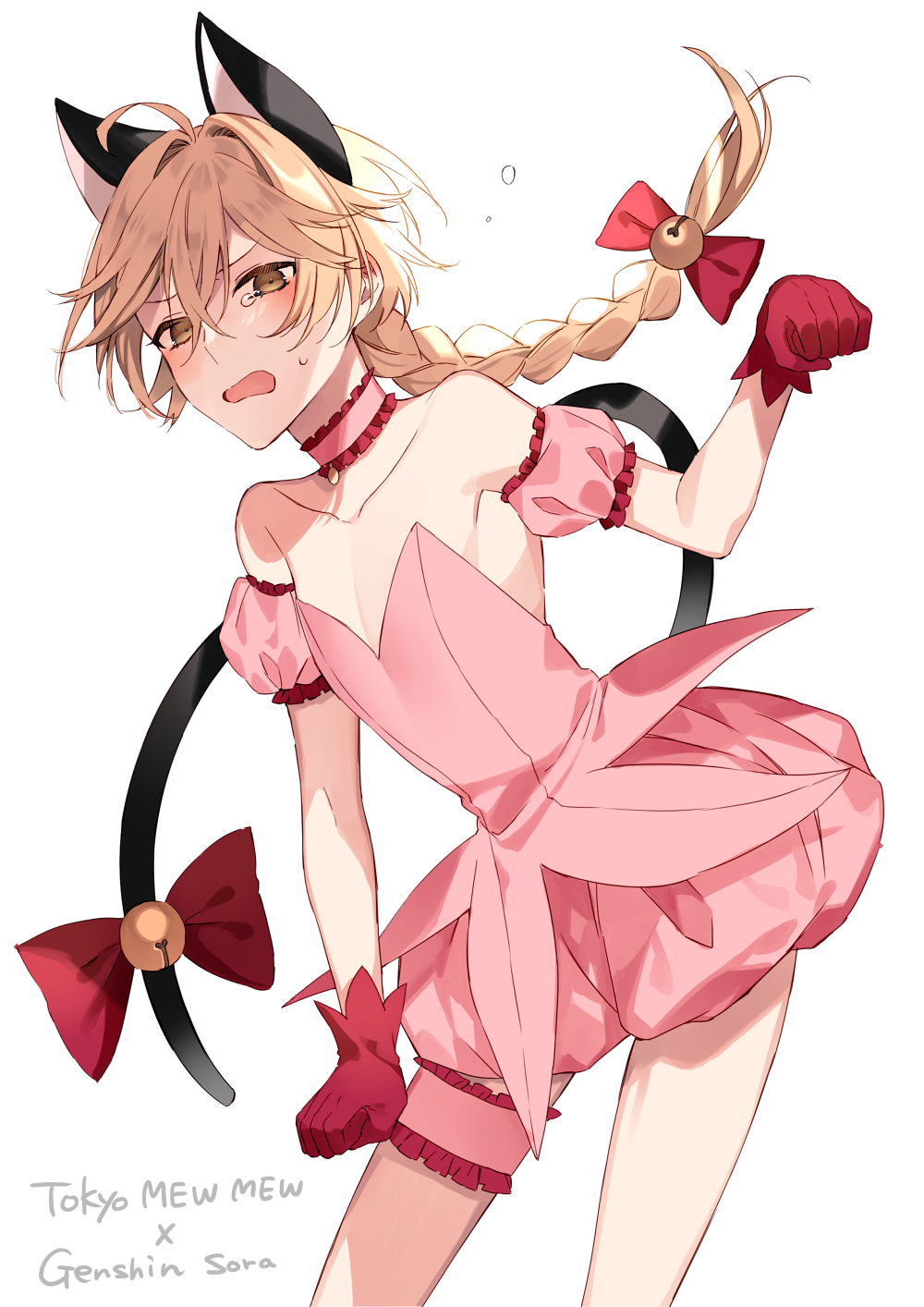 1boy, aether_(genshin_impact), ahoge, animal_ears, blonde_hair, blush, bow, braid