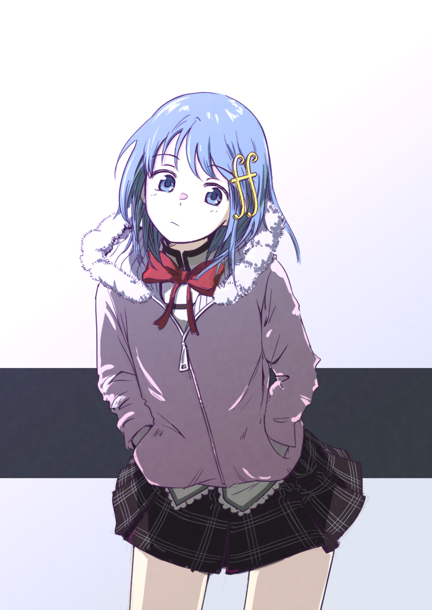 blue_eyes, blue_hair, bow, bowtie, cowboy_shot, fur-trimmed_jacket, fur_collar, fur_trim, hair_ornament, hands_in_pockets, highres, jacket, leaning_forward, looking_at_viewer, mahou_shoujo_madoka_magica, miki_sayaka, mitakihara_school_uniform, musical_note, musical_note_hair_ornament, okai_(pixiv6333), pleated_skirt, red_bow, red_bowtie, school_uniform, short_hair, simple_background, skirt