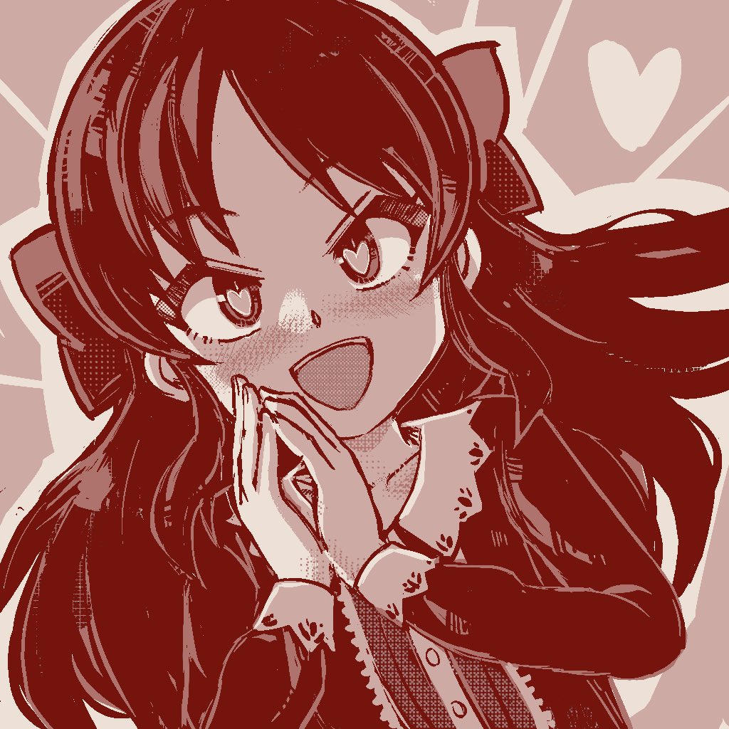 1girl, collarbone, commentary_request, dutch_angle, hair_ribbon, heart, heart-shaped_pupils, idolmaster