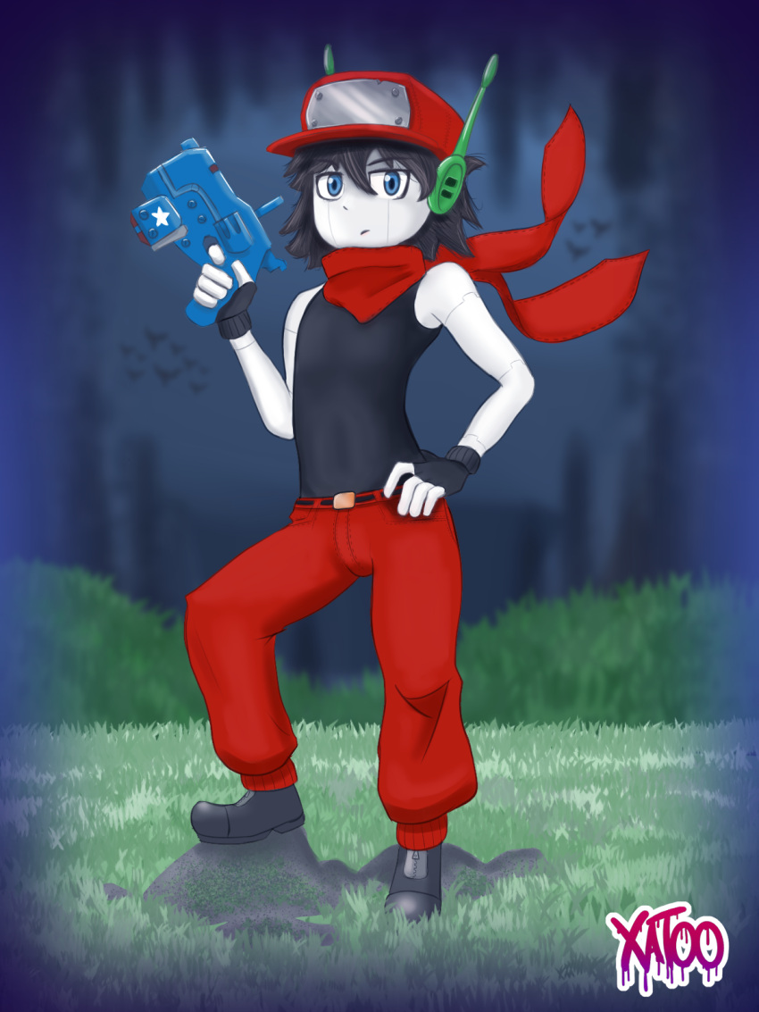 1boy, android, bare_arms, black_gloves, black_hair, blue_eyes, colored_skin, doukutsu_monogatari