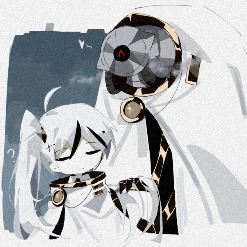 1boy, ?, ahoge, black_hair, black_jacket, black_necktie, chinese_commentary, cloak, collared_shirt, commentary_request, gloria_(library_of_ruina), heart, jacket, lemonail, library_of_ruina, long_hair, multicolored_hair, necktie, project_moon, robot, shirt, side_ponytail, spoken_heart, spoken_question_mark, streaked_hair, white_cloak, white_hair, white_shirt, yan_vismok