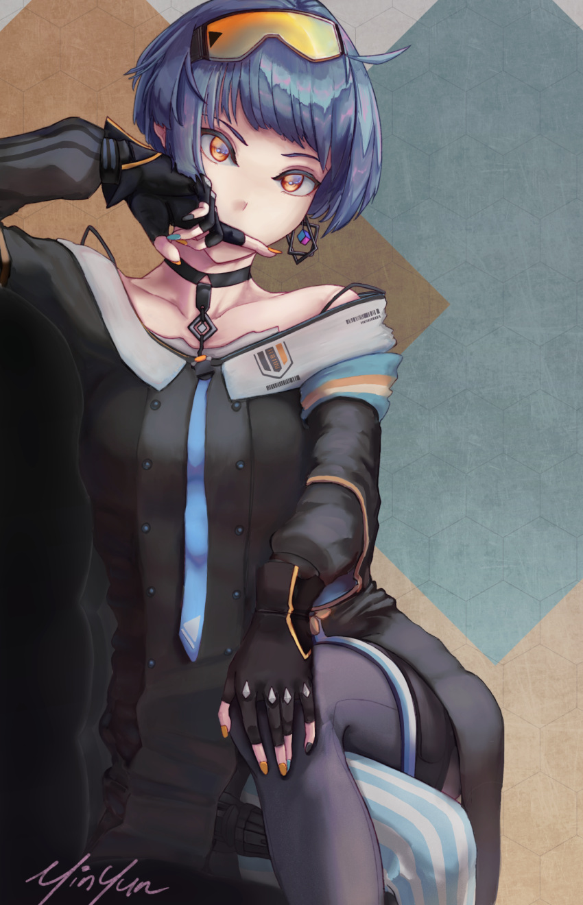 1girl, ahoge, asymmetrical_legwear, black_gloves, black_jacket, blue_hair, choker, collarbone