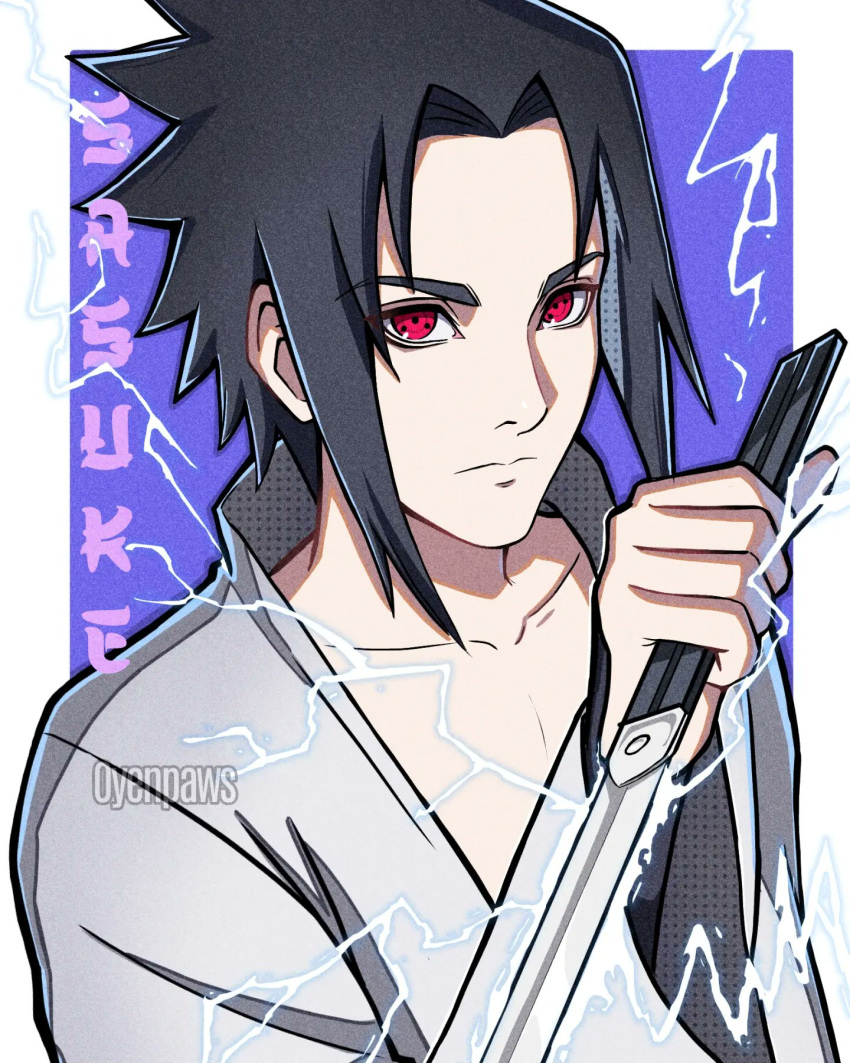 1boy, artist_name, black_hair, closed_mouth, drawing, electricity, english_commentary, highres
