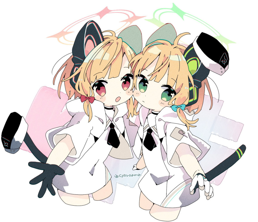 2girls, animal_ear_headphones, animal_ears, black_gloves, black_necktie, black_tail, blonde_hair, blue_archive