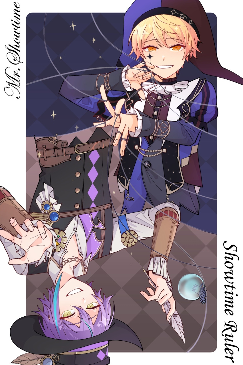 2boys, absurdres, blonde_hair, blue_hair, border, collared_shirt, commentary, formal