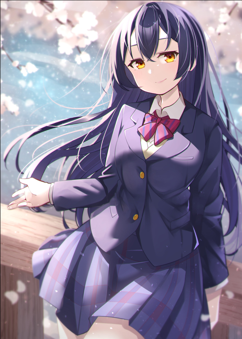 1girl, arm_at_side, blazer, blue_hair, blue_jacket, blue_skirt, blurry, blurry_background
