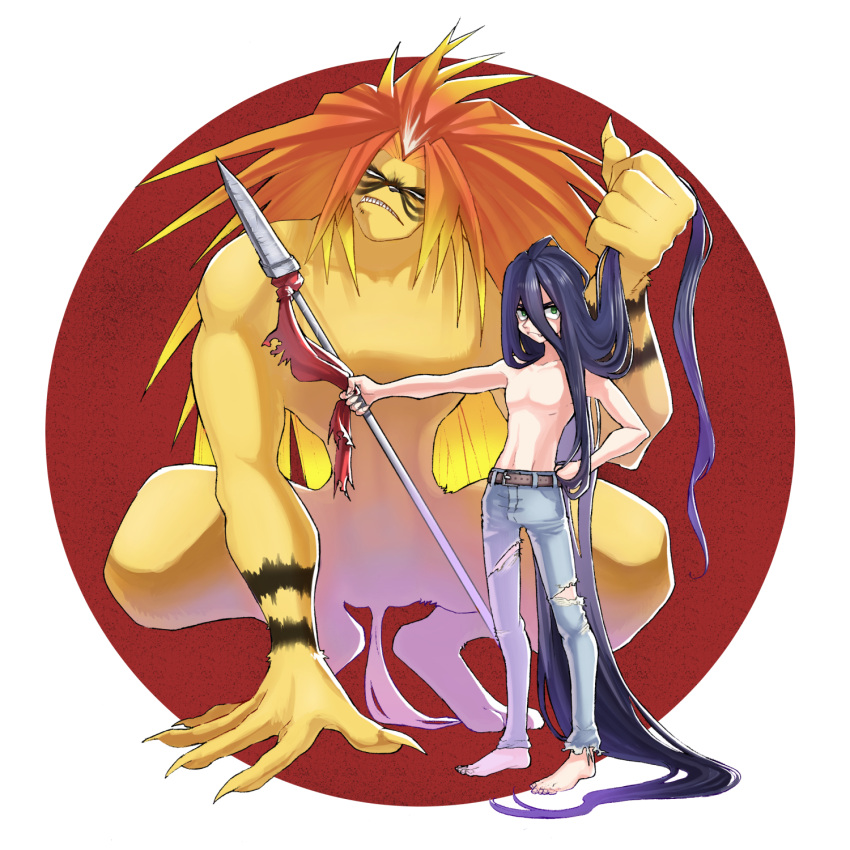 2boys, absurdly_long_hair, aotsuki_ushio, barefoot, belt, brown_belt, denim, fangs