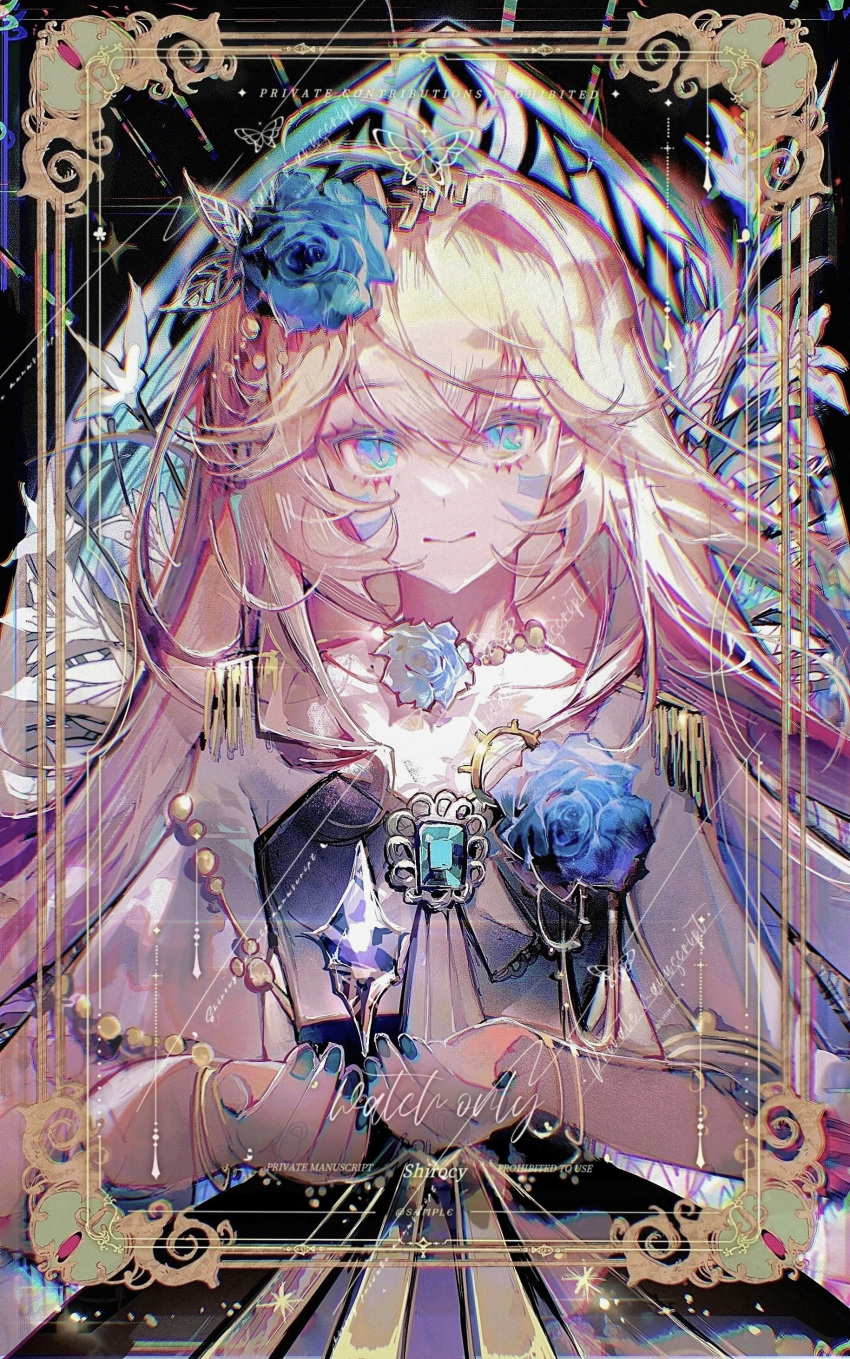 1girl, absurdres, blonde_hair, blue_eyes, blue_flower, blue_gemstone, blue_rose, bug