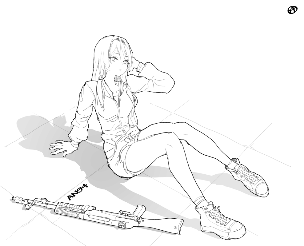 1girl, adjusting_hair, an-94, an-94_(girls'_frontline), assault_rifle, casual, circle_a, commentary_request