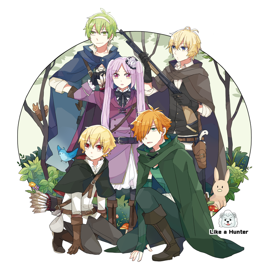1girl, 5boys, arrow_(projectile), belt, billy_the_kid_(fate), bird, black_bow, black_gloves