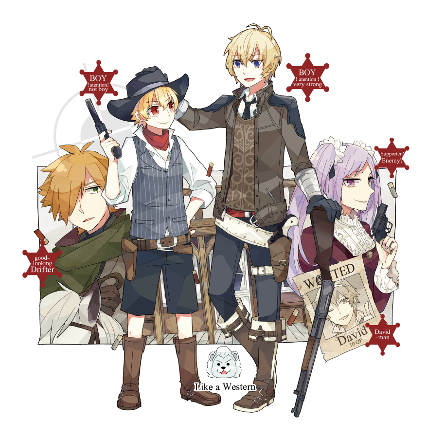 1girl, 5boys, billy_the_kid_(fate), black_gloves, black_headwear, black_pants, black_shorts, blonde_hair