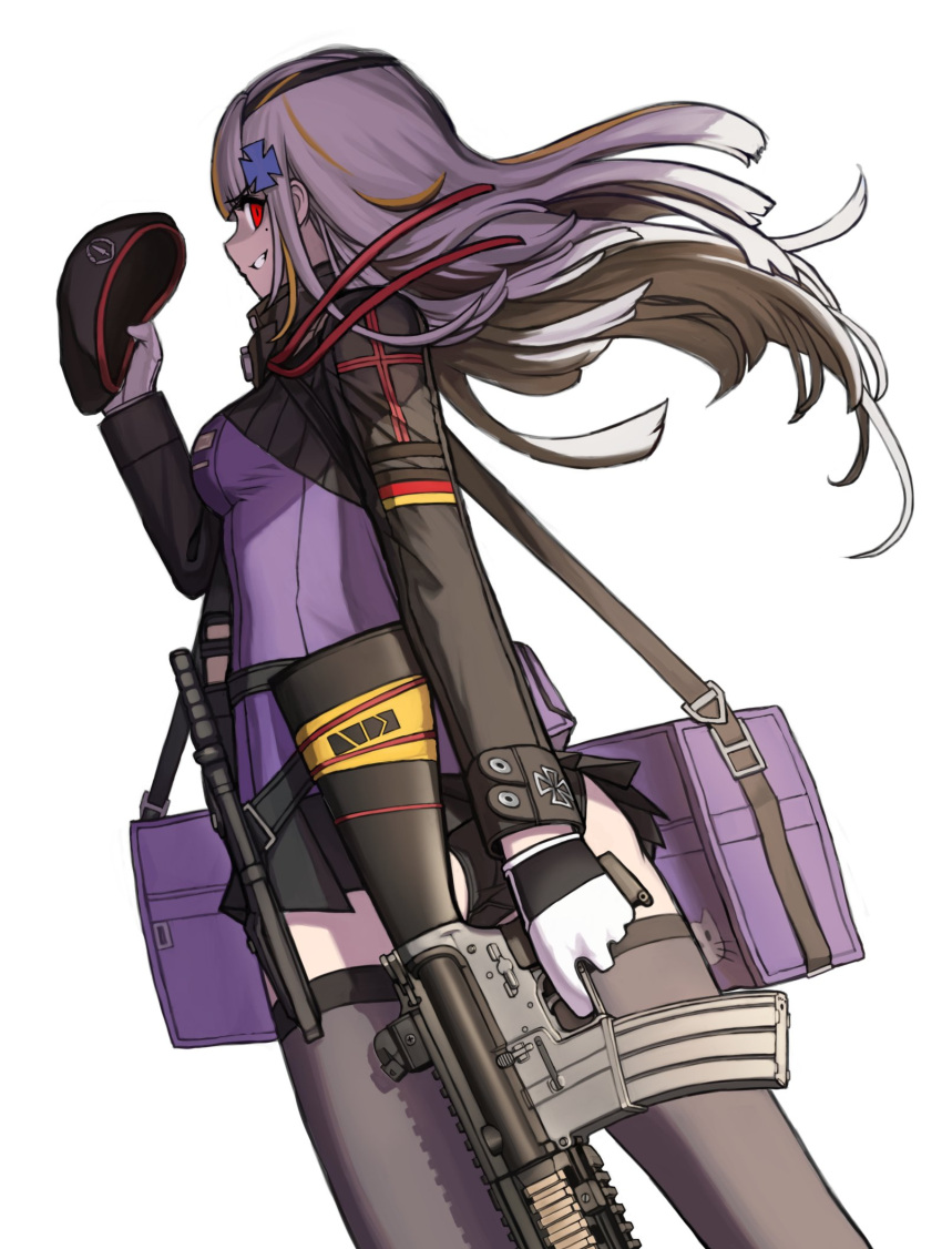 1girl, assault_rifle, bag, beret, black_panties, cheogtanbyeong, cosplay, cross_hair_ornament