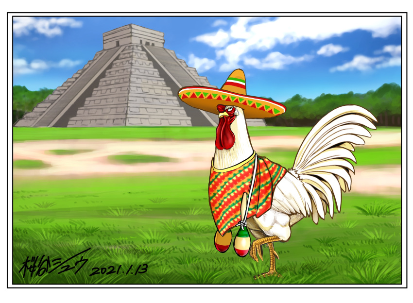 bird, blue_sky, chichen_itza, chicken, clouds, cloudy_sky, commentary_request, dated, day, el_castillo, grass, hat, highres, instrument, keiji_(niwatori_fighter), looking_at_viewer, looking_to_the_side, maracas, mexico, mixed-language_commentary, niwatori_fighter, no_humans, outdoors, poncho, pyramid_(structure), sakuratani_shuu, signature, sky, sombrero, spanish_commentary, tree