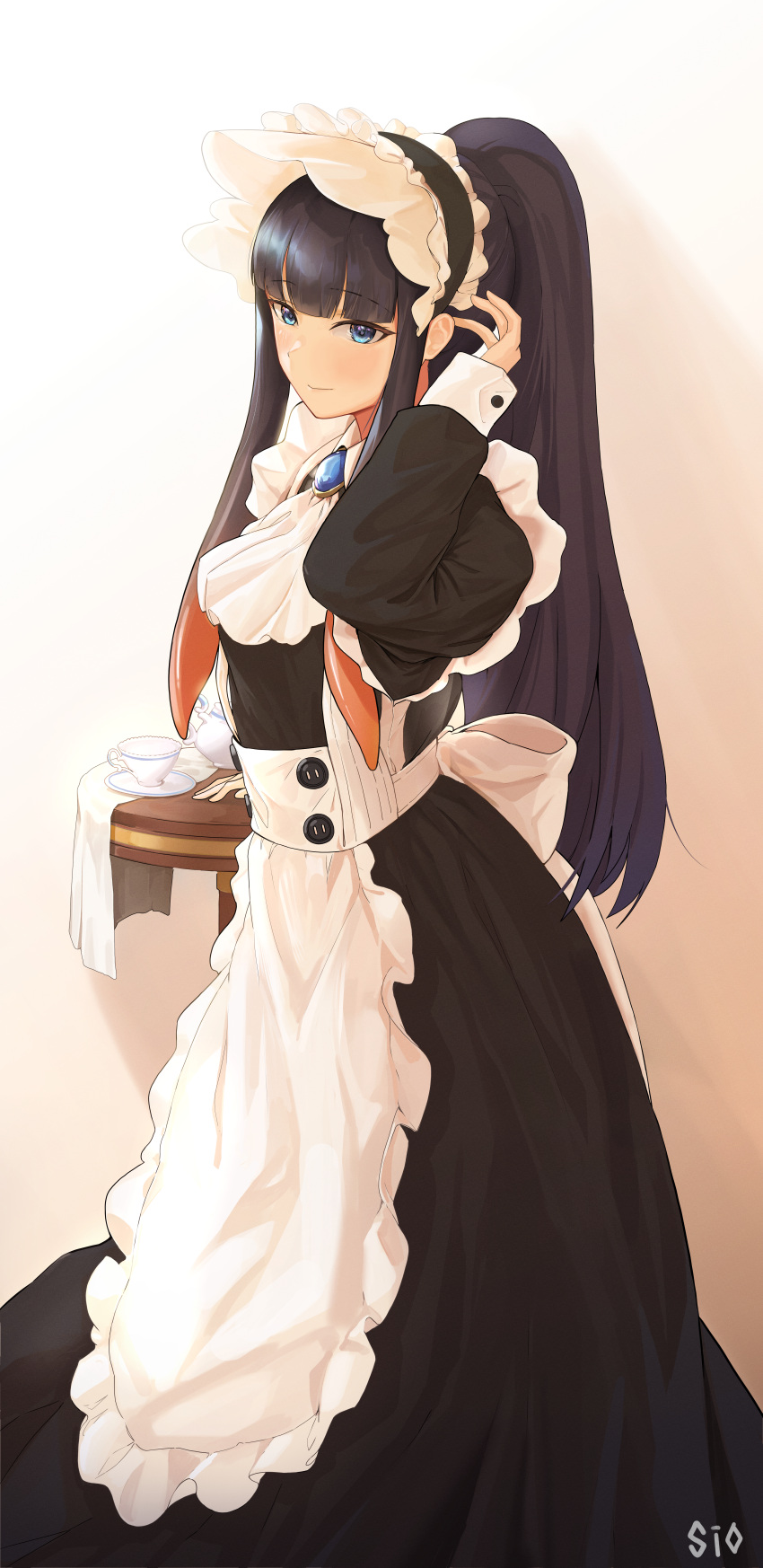 1girl, absurdres, alternate_costume, apron, ascot, black_dress, black_hair, blue_eyes, blue_gemstone, blunt_bangs, blush, bow, breasts, brooch, brown_background, closed_mouth, commentary, cup, dress, english_commentary, feet_out_of_frame, from_side, gem, hand_in_own_hair, high_ponytail, highres, hololive, hololive_english, jewelry, long_dress, long_hair, looking_at_viewer, maid_apron, multicolored_hair, ninomae_ina'nis, orange_hair, ponytail, pun, saucer, shadow, shio05_(05_sio), sidelocks, simple_background, small_breasts, smile, solo, standing, straight_hair, table, teacup, tentacle_hair, towel, two-tone_hair, virtual_youtuber, white_ascot, white_background, white_bow, wing_collar