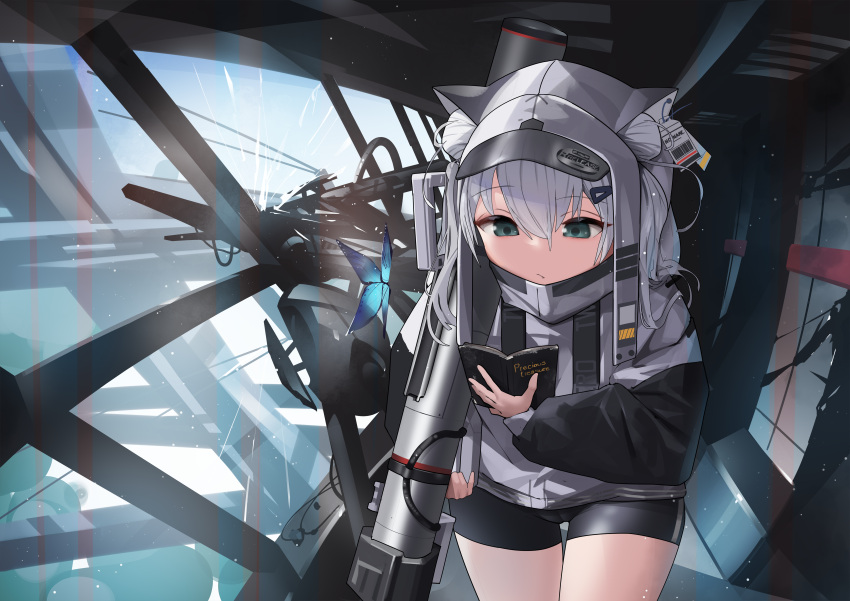 1girl, absurdres, animal_ear_headwear, animal_ears, bike_shorts, black_jacket, black_shorts, blue_eyes