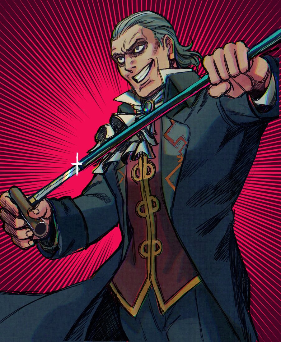 1boy, ace_attorney, ascot, blue_jacket, blue_pants, brooch, cane, evil_grin