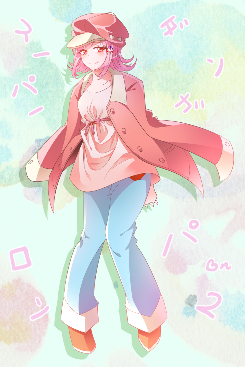 1girl, alternate_costume, arms_behind_back, bini_(xocolatl_501), blue_pants, blush, brown_dress, brown_footwear