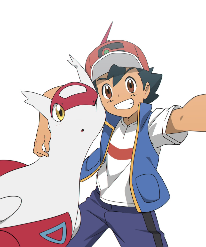 1boy, ash_ketchum, black_hair, blue_jacket, brown_eyes, commentary_request, grin, hat