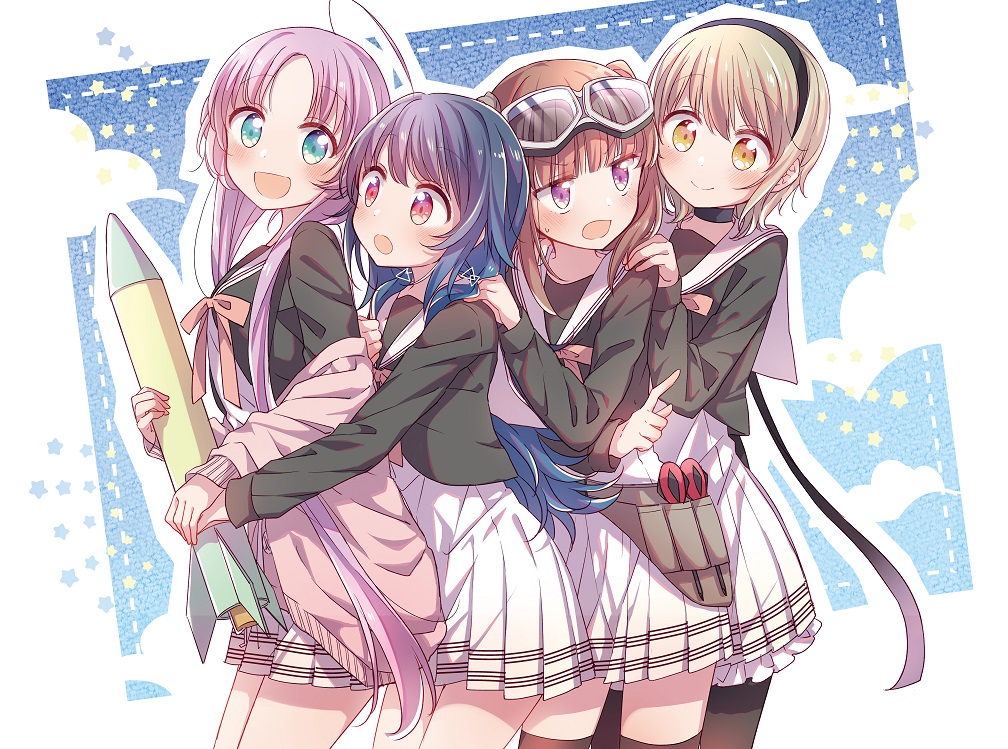 4girls, :d, :o, ahoge, akeuchi_yuu, aqua_eyes, black_choker, black_hairband
