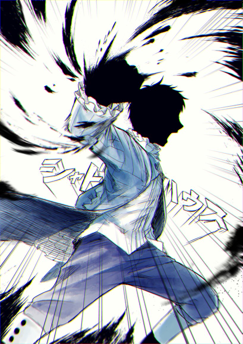 1boy, black_hair, black_skin, blue_jacket, blue_pants, clenched_hand, colored_skin, copyright_name