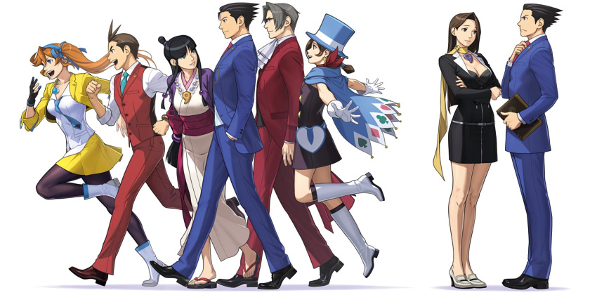 3boys, 4girls, ace_attorney, apollo_justice, athena_cykes, black_dress, black_footwear, black_hair