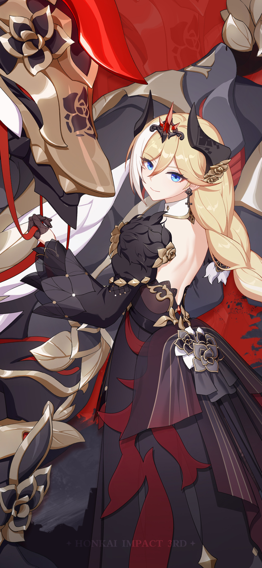 animal, back, barding, bianka_durandal_ataegina, bianka_durandal_ataegina_(palatinus_equinox), black_dress, black_gloves, blonde_hair, blue_eyes, braid, dress, earrings, english_text, gloves, highres, honkai_(series), honkai_impact_3rd, horse, jewelry, krishna_(honkai_impact), long_hair, looking_away, multicolored_hair, official_art, official_wallpaper, smile, streaked_hair