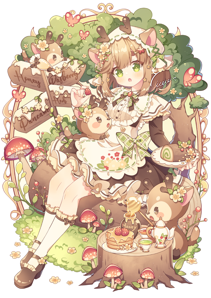 1girl, :o, animal_ears, apron, blush, blush_stickers, bow, brooch